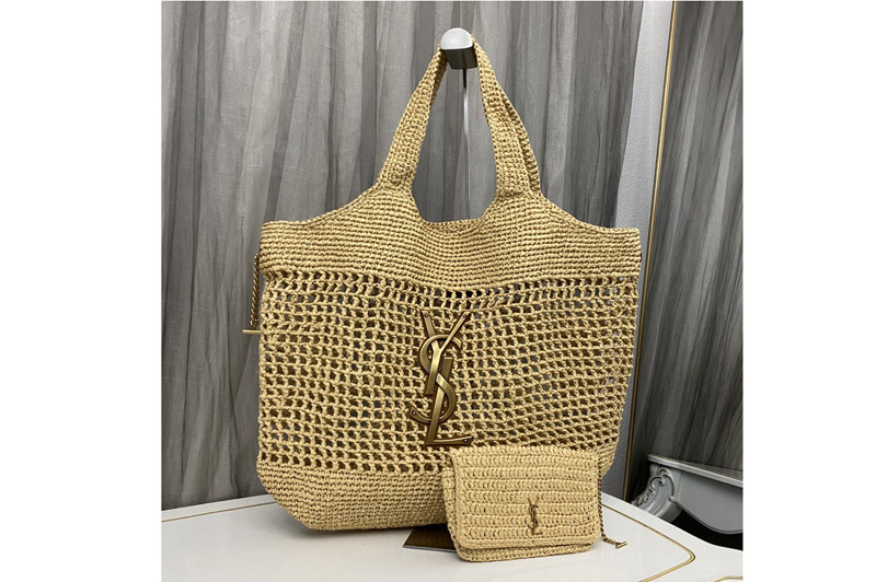 Saint Laurent 772191 YSL ICARE MAXI SHOPPING BAG IN NATUREL AND BROWN GOLD RAFFIA