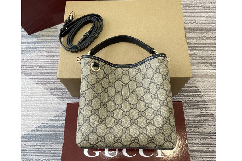 Gucci 815118 GG Emblem mini bucket bag In Beige and dark brown new GG Monogram coated fabric