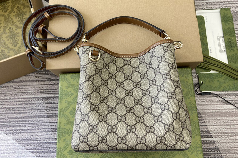 Gucci 815118 GG Emblem mini bucket bag In Beige and dark brown new GG Monogram coated canvas