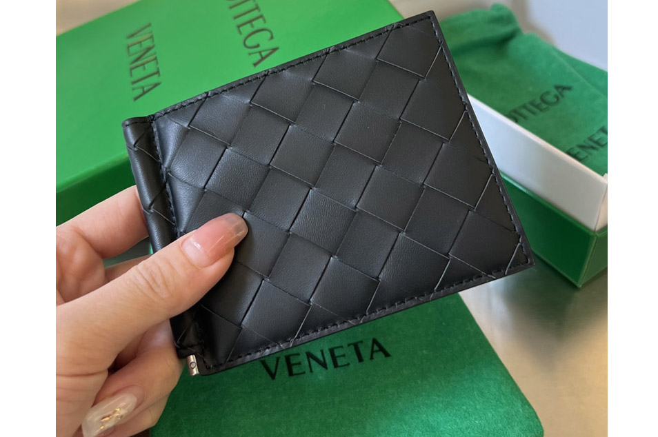 Bottega Veneta 592626 Intrecciato Bill Clip Wallet in Black/Orange Leather