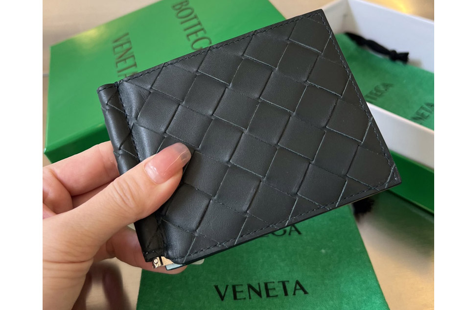 Bottega Veneta 592626 Intrecciato Bill Clip Wallet in Dark Green Leather