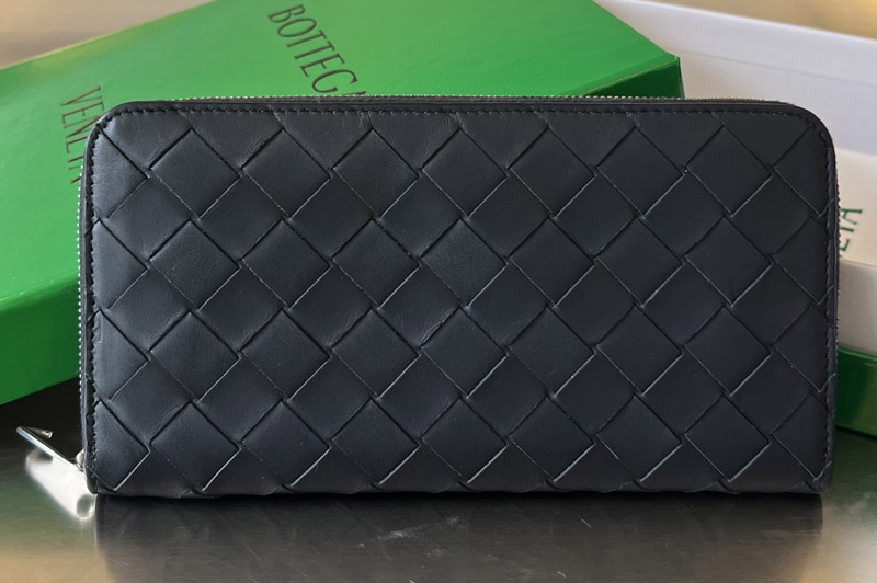 Bottega Veneta 593217 Intrecciato Zip Around Wallet in Black/Yellow Leather