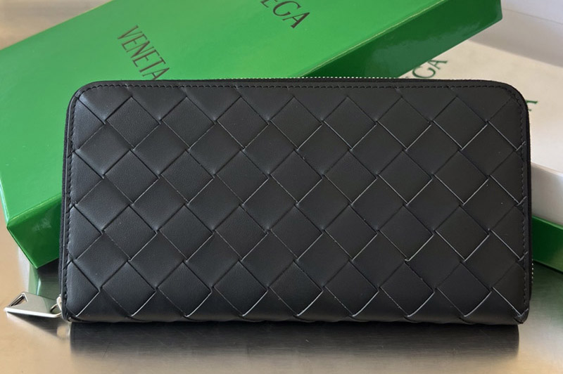 Bottega Veneta 593217 Intrecciato Zip Around Wallet in Black/Green Leather