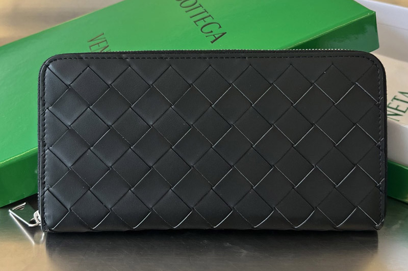 Bottega Veneta 593217 Intrecciato Zip Around Wallet in Black Leather
