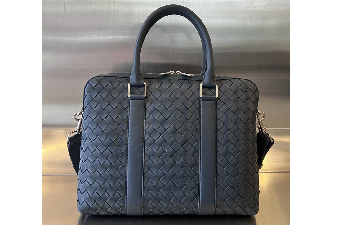 Bottega Veneta 690702 Slim Intrecciato Briefcase Bag in Dark Blue Leather