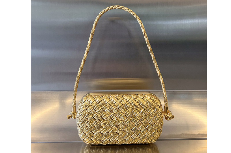 Bottega Veneta 717623 Knot Minaudiere With Strap Bag in Gold Leather