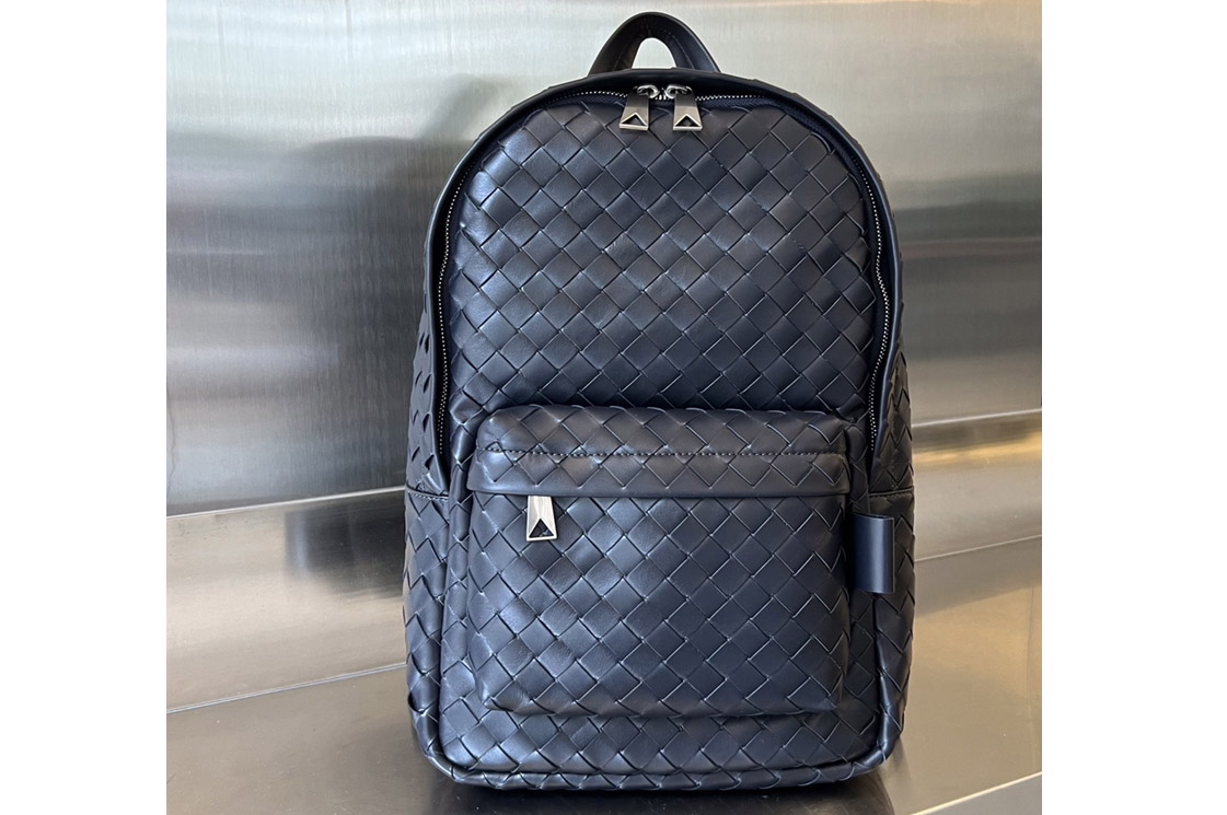Bottega Veneta 730728 Small Intrecciato Backpack In Navy Blue Leather