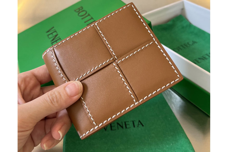 Bottega Veneta 743004 Cassette Bi-Fold Wallet in Wood-Natural Leather