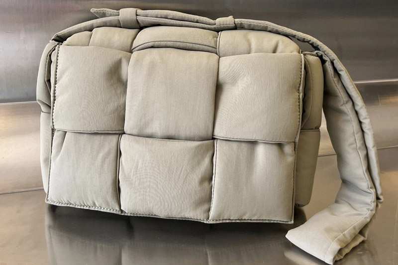 Bottega Veneta 743623 Pillow Cassette Bag in Taupe Intreccio puffy technical fabric