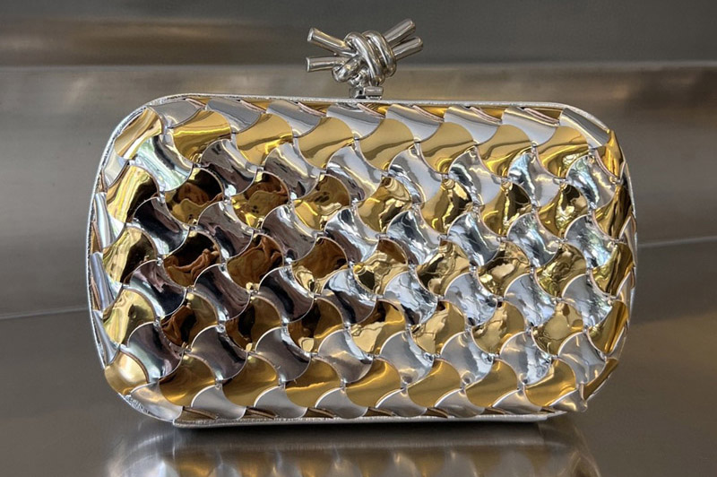 Bottega Veneta 778500 Knot Minaudiere clutch Bag in Silver/gold Intrecciato Leather