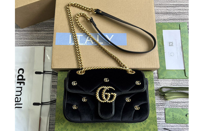 Gucci 446744 GG Marmont Mini shoulder bag in Black quilted chevron velvet