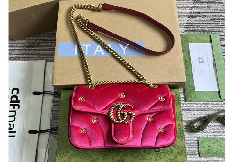 Gucci 446744 GG Marmont Mini shoulder bag in Dark Pink quilted chevron velvet