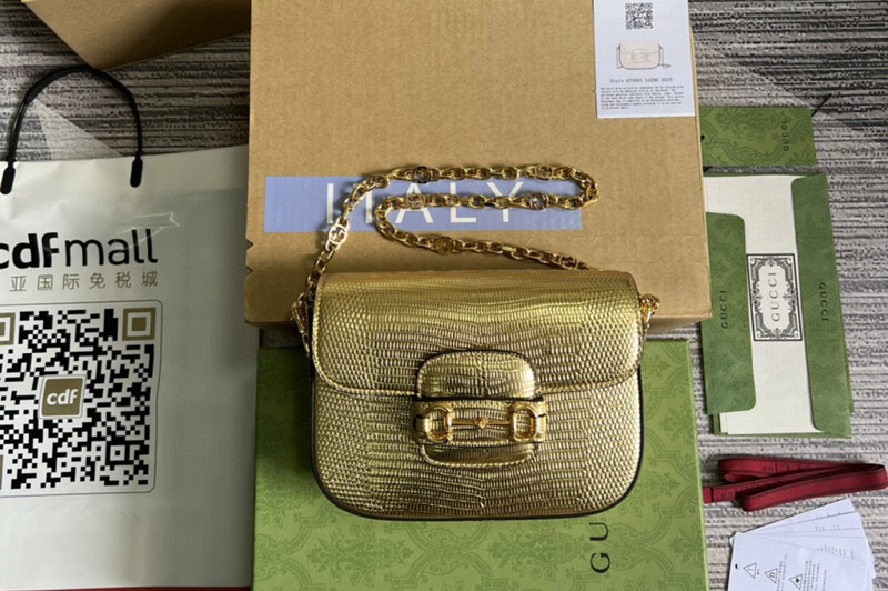 Gucci 675801 Horsebit 1955 lizard Mini Bag in Gold lame lizard