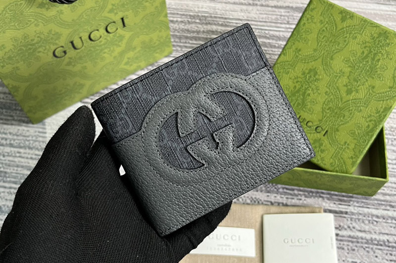 Gucci 701420 Wallet With Cut-Out Interlocking G in Black and grey GG Supreme canvas