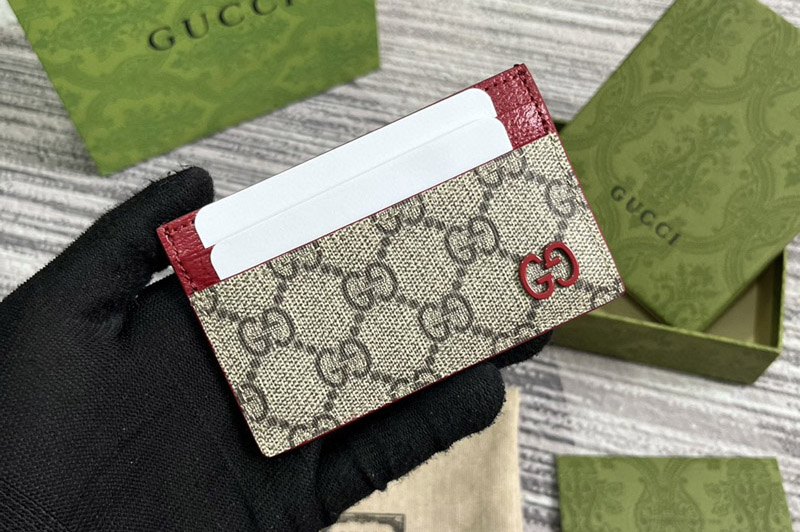 Gucci 768248 card case with GG detail in Beige and ebony GG Supreme canvas With Red
