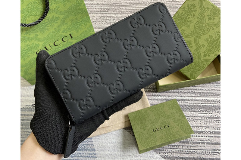 Gucci 771421 GG rubber-effect zip around wallet in Black GG rubber-effect leather