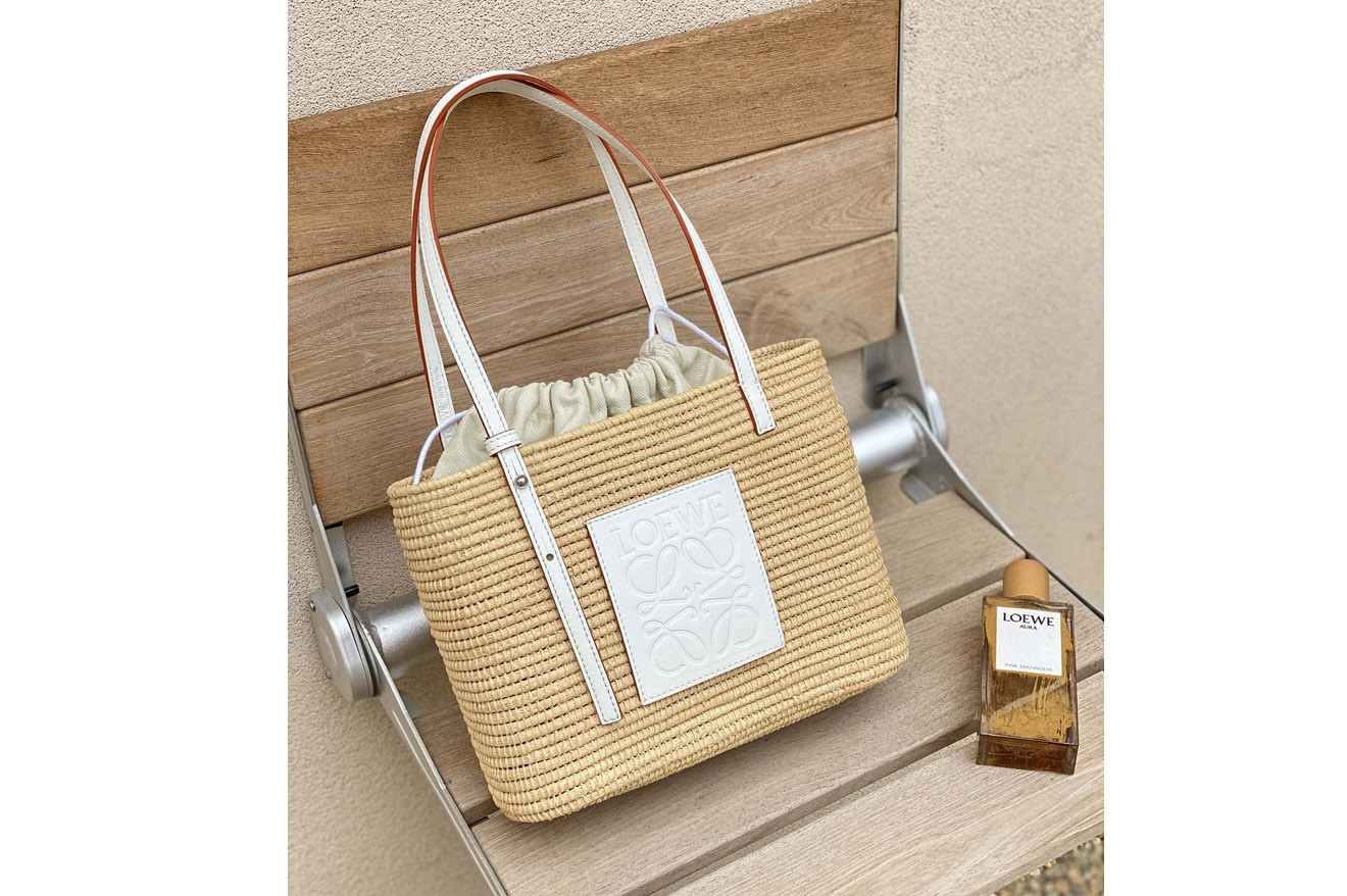 Loewe Small Square Basket bag in Natural/White raffia and calfskin