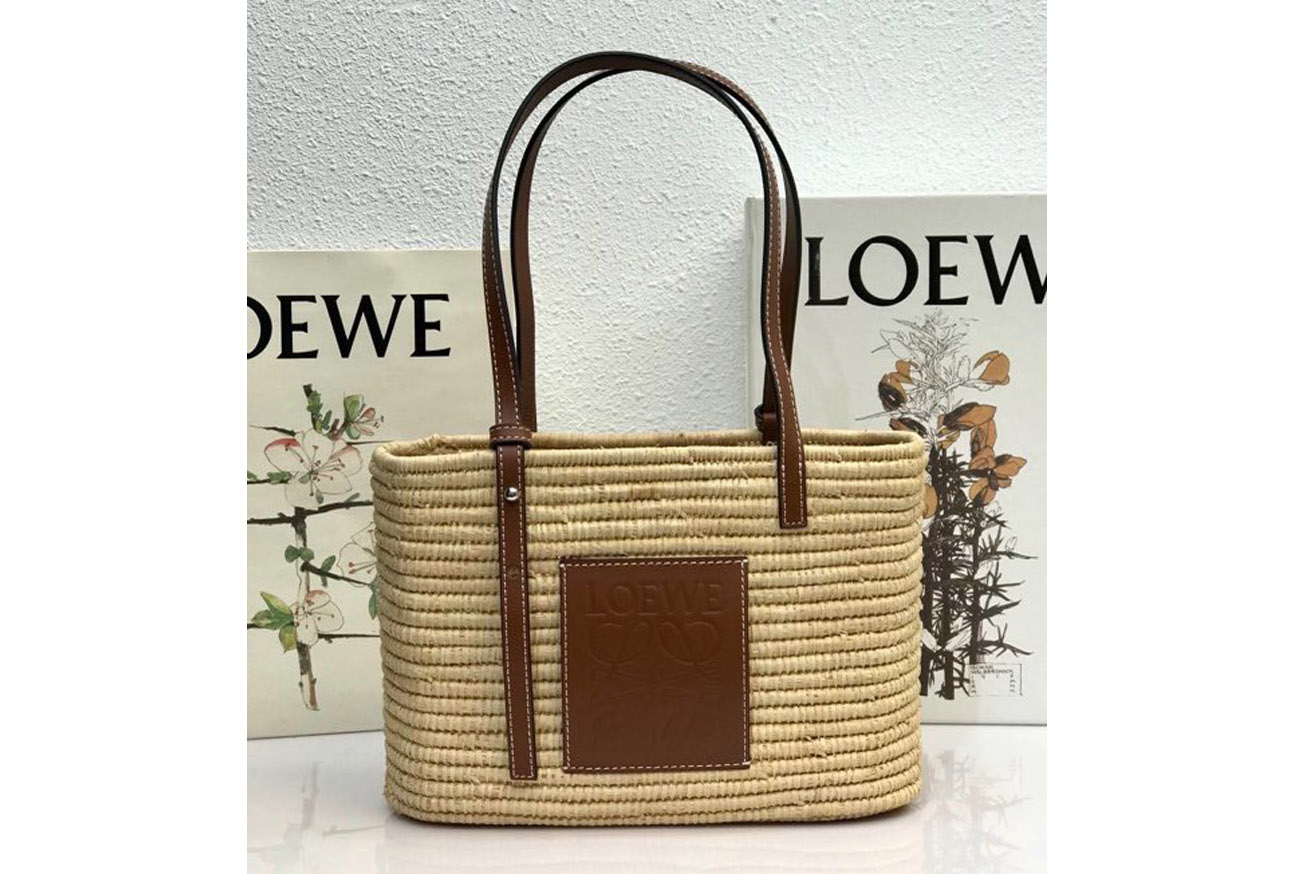 Loewe Small Square Basket bag in Natural/Pecan raffia and calfskin