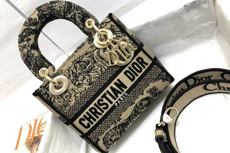 Dior M0505 Christian Dior Mini Lady Dior bag in Beige and Black Plan de Paris Embroidery