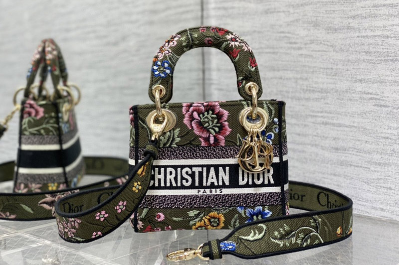 Dior M0505 Christian Dior Mini Lady Dior bag in Khaki Green Multicolor Florilegio Embroidery