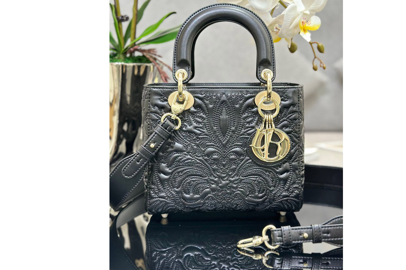 Dior M0538 Small Lady Dior My ABCDior bag in Black Quilted-Effect Lambskin with Ornamental Motif