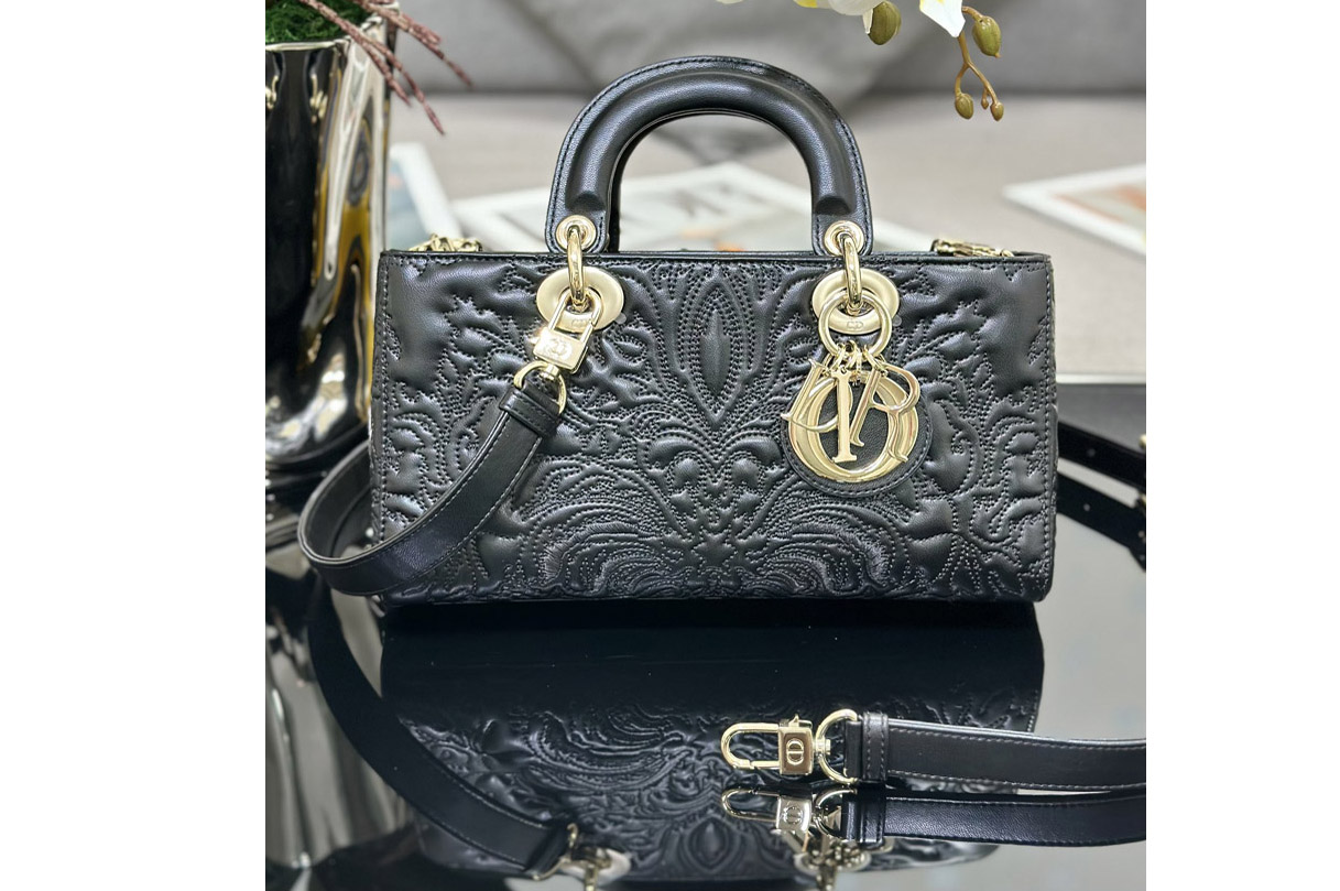 Dior M0540 Medium Lady D-Joy bag in Black Quilted-Effect Lambskin with Ornamental Motif