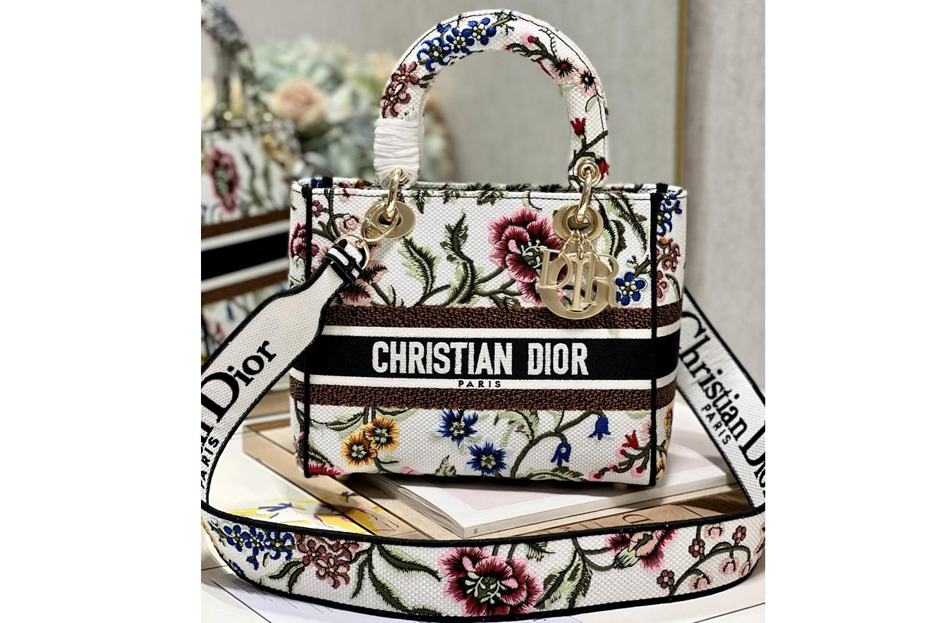 Dior M0565 Medium Lady D-Lite bag in White Multicolor Dior Petites Fleurs Embroidery