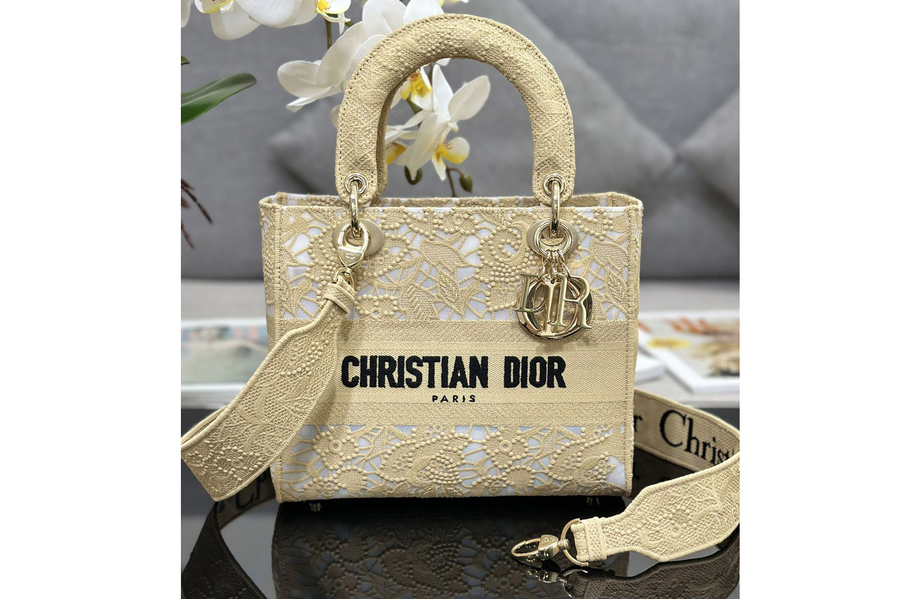 Dior M0565 Medium Lady D-Lite bag in Gold-Tone D-Lace Embroidery with 3D Macramé Effect