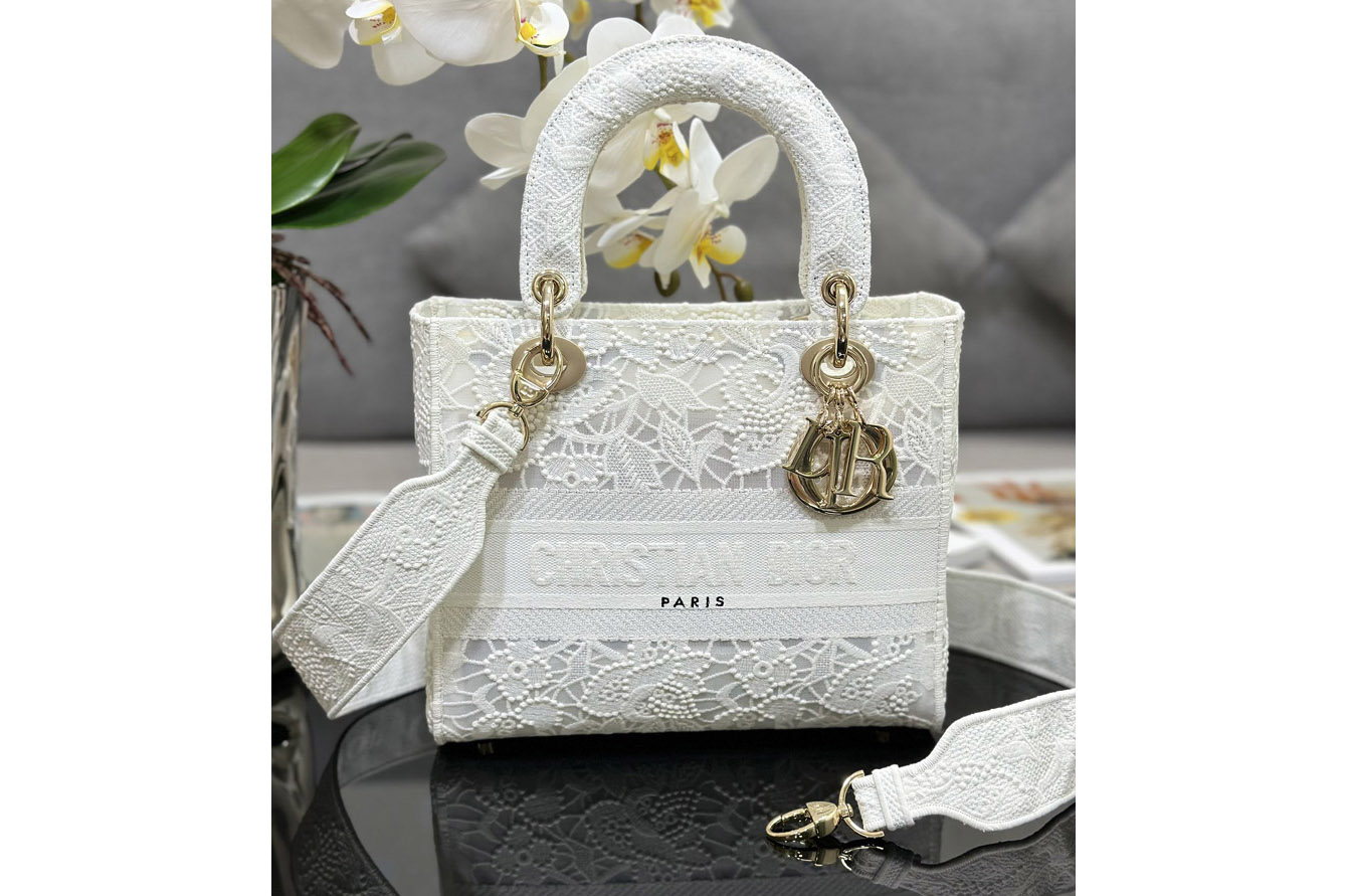 Dior M0565 Medium Lady D-Lite bag in White D-Lace Embroidery with 3D Macramé Effect