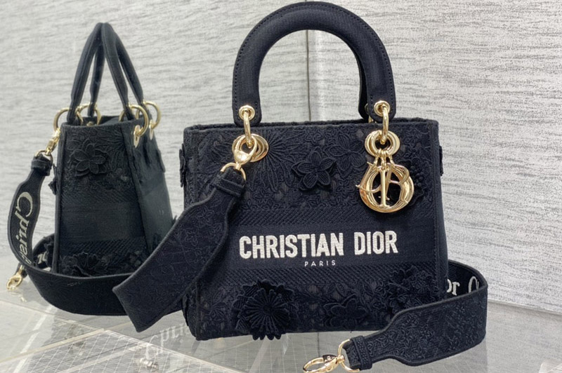 Dior M0565 Christian Dior Medium Lady D-Lite bag in Black D-Lace Embroidery with 3D Macramé Effect