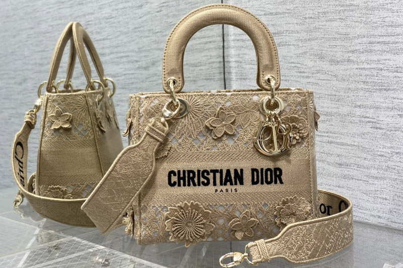 Dior M0565 Christian Dior Medium Lady D-Lite bag in Natural D-Lace Embroidery with 3D Macramé Effect