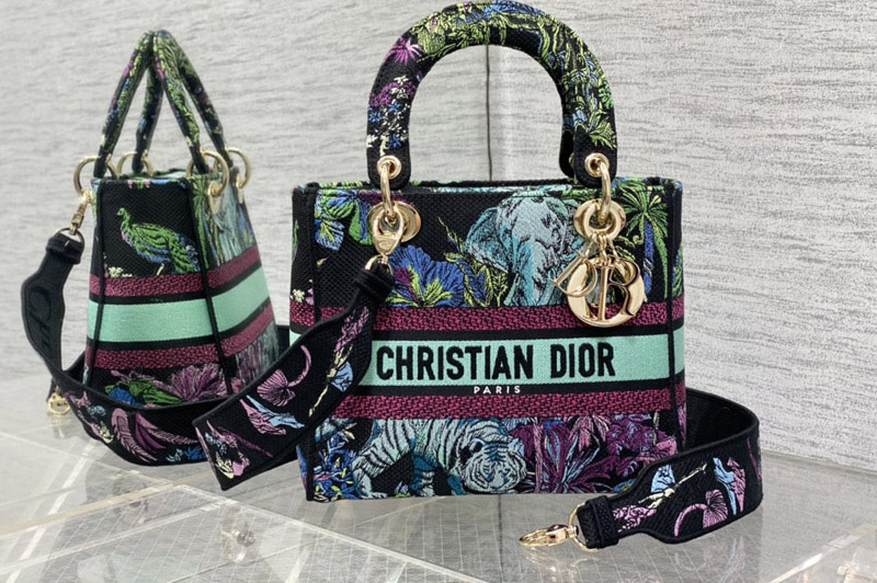 Dior M0565 Christian Dior Medium Lady D-Lite bag in Black Toile de Jouy Embroidery
