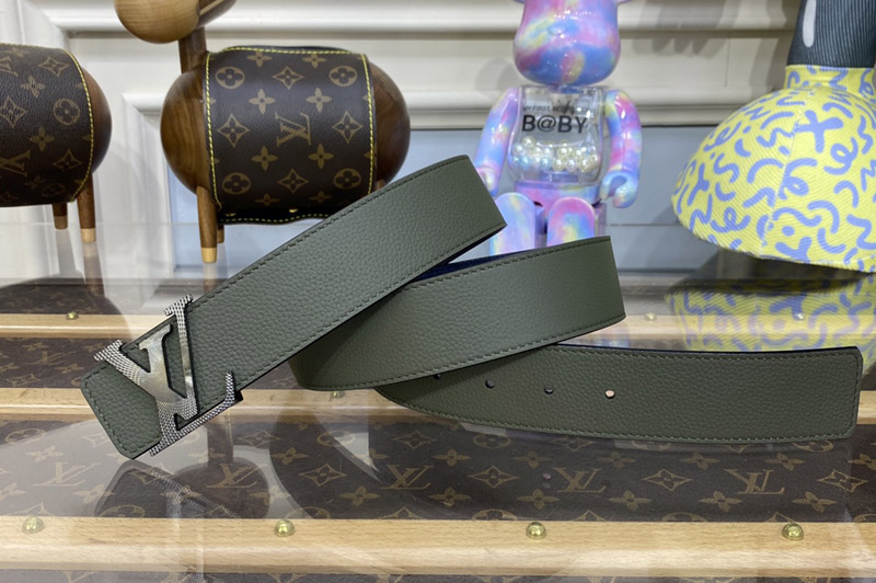 Louis Vuitton M0631V LV Rays 40MM Reversible Belt in Khaki Green/Navy Blue Leather Silver Buckle