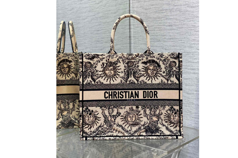 Dior M1286 Christian Dior Large Dior Book Tote Bag in Beige and Black Toile de Jouy Soleil Embroidery