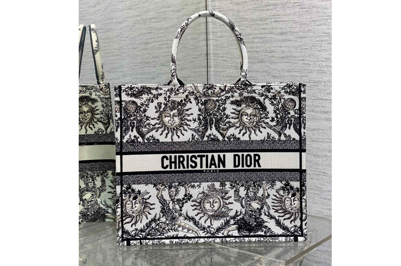 Dior M1286 Christian Dior Large Dior Book Tote Bag in White and Black Toile de Jouy Soleil Embroidery