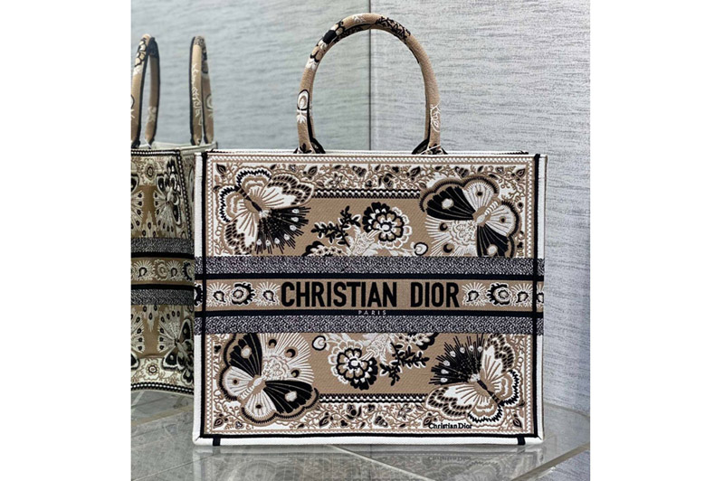 Dior M1286 Christian Dior Large Dior Book Tote bag in Beige Multicolor Butterfly Bandana Embroidery