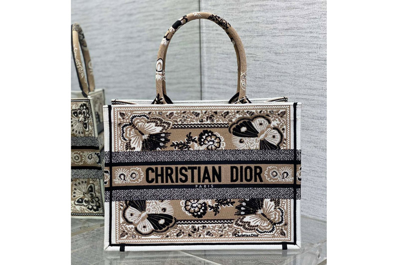 Dior M1296 Christian Dior Medium Dior Book Tote bag in Beige Multicolor Butterfly Bandana Embroidery