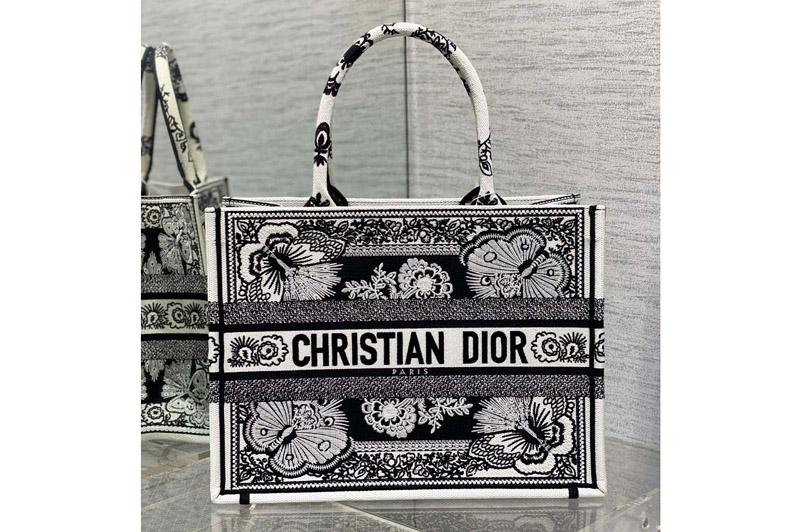 Dior M1296 Christian Dior Medium Dior Book Tote bag in Black and White Butterfly Bandana Embroidery