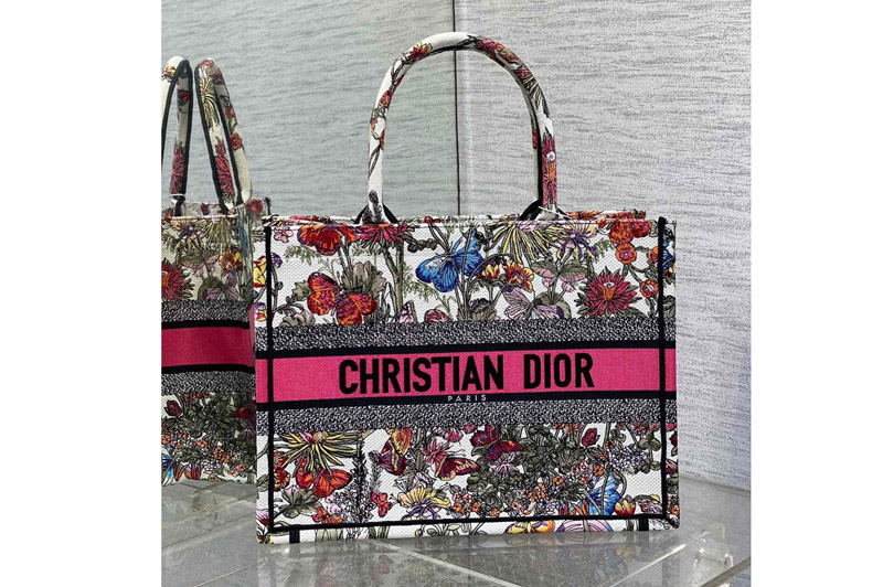 Dior M1296 Christian Dior Medium Dior Book Tote Bag in White Multicolor Mexico Millefiori Embroidery