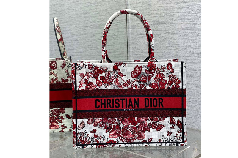 Dior M1296 Christian Dior Medium Dior Book Tote Bag in White and Red Le Cœur des Papillons Embroidery