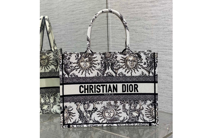 Dior M1296 Christian Dior Medium Dior Book Tote Bag in White and Black Toile de Jouy Soleil Embroidery