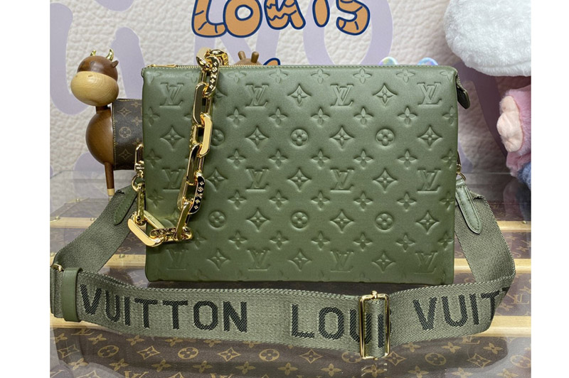 Louis Vuitton M20568 LV Coussin MM handbag in Khaki Green Monogram-embossed puffy lambskin