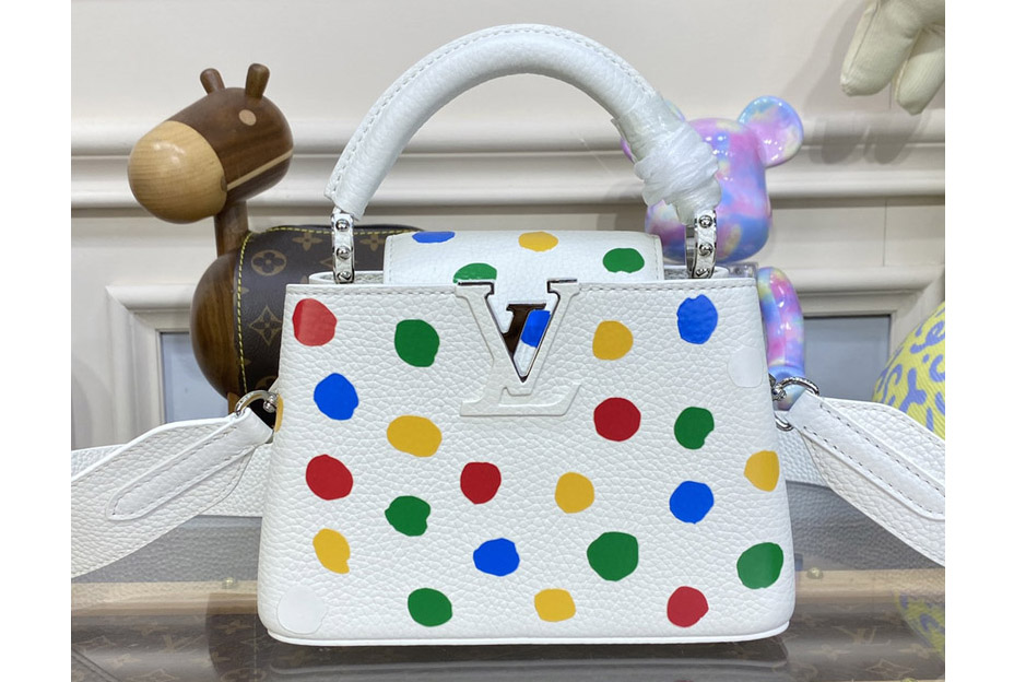 Louis Vuitton M21637 LVxYK Mini Capucines Bag in White Taurillon bull calf leather with 3D Painted Dots print