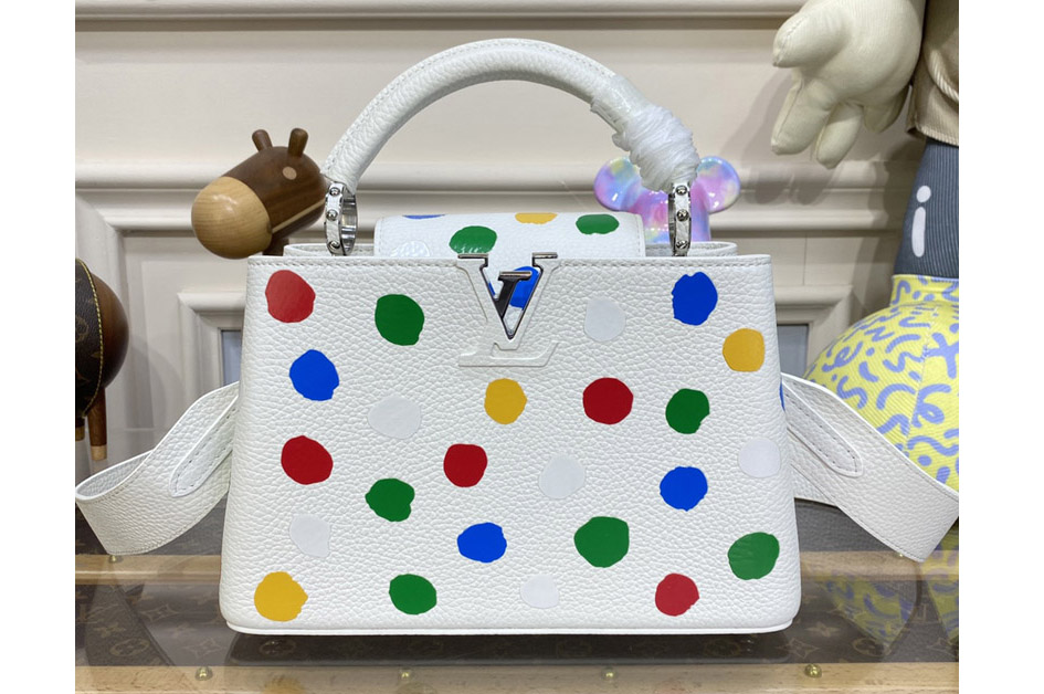 Louis Vuitton M21637 LVxYK Capucines BB Bag in White Taurillon bull calf leather with 3D Painted Dots print