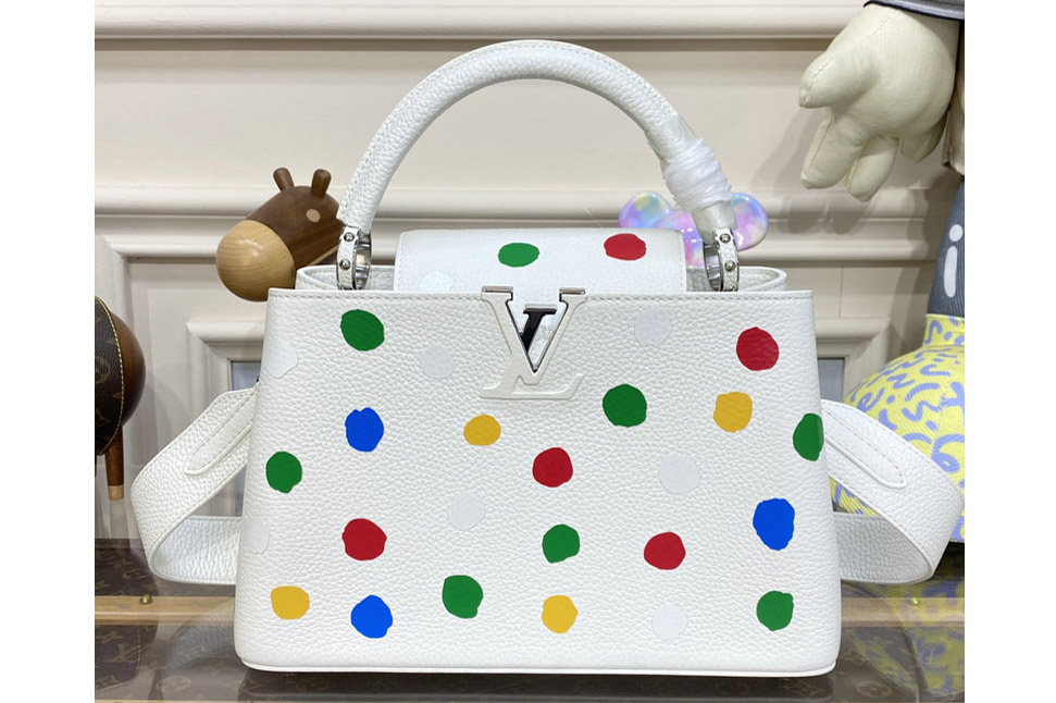 Louis Vuitton M21637 LVxYK Capucines MM Bag in White Taurillon bull calf leather with 3D Painted Dots print