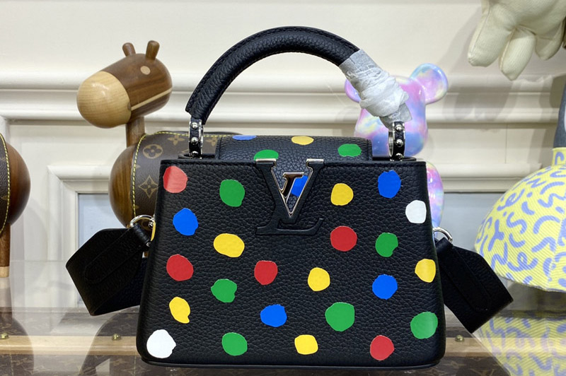 Louis Vuitton M21663 LVxYK Mini Capucines Bag in Black Taurillon bull calf leather with 3D Painted Dots print