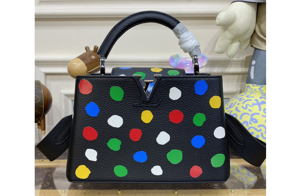 Louis Vuitton M21663 LVxYK Capucines BB Bag in Black Taurillon bull calf leather with 3D Painted Dots print