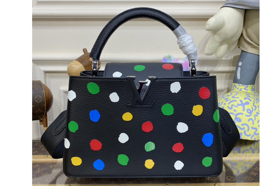 Louis Vuitton M21663 LVxYK Capucines MM Bag in Black Taurillon bull calf leather with 3D Painted Dots print