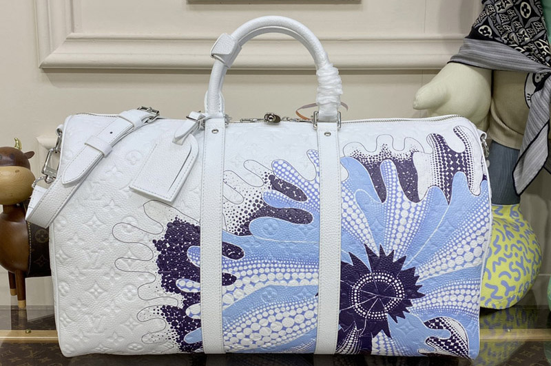 Louis Vuitton M21678 LV LVxYK Bandouliere Keepall 50 Bag in White Taurillon Monogram cowhide with Psychedelic Flower print