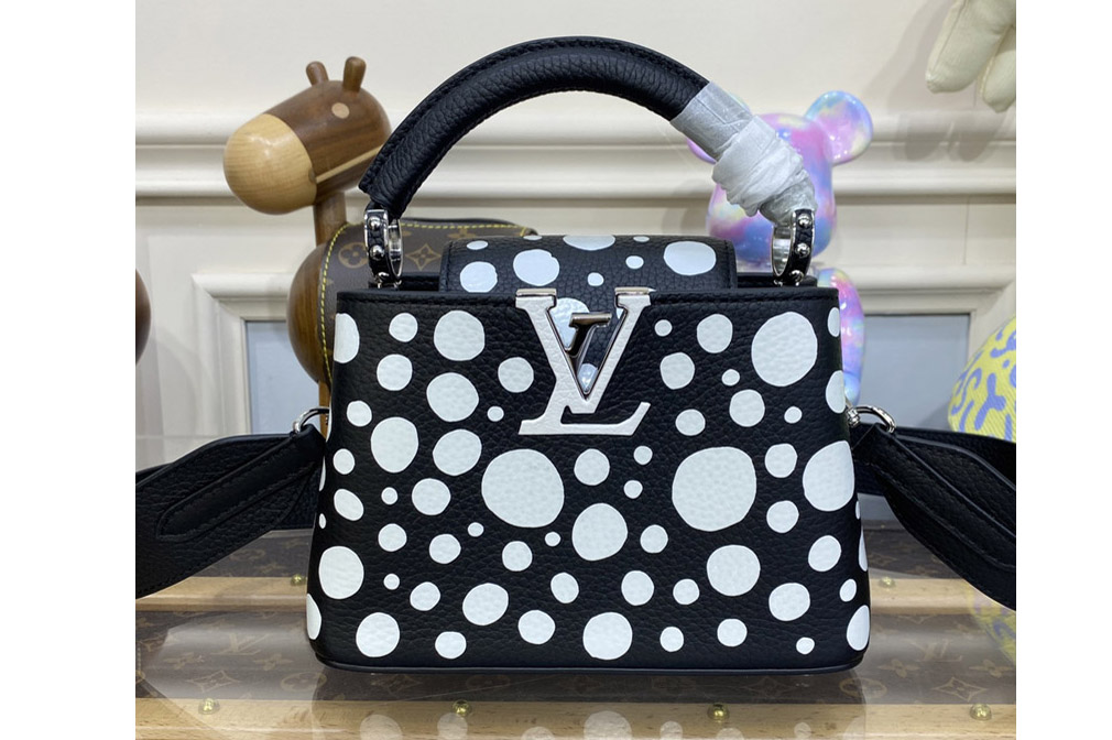 Louis Vuitton M21691 LVxYK Capucines Mini Bag in Black and white Taurillon bull calf leather with Infinity Dots print